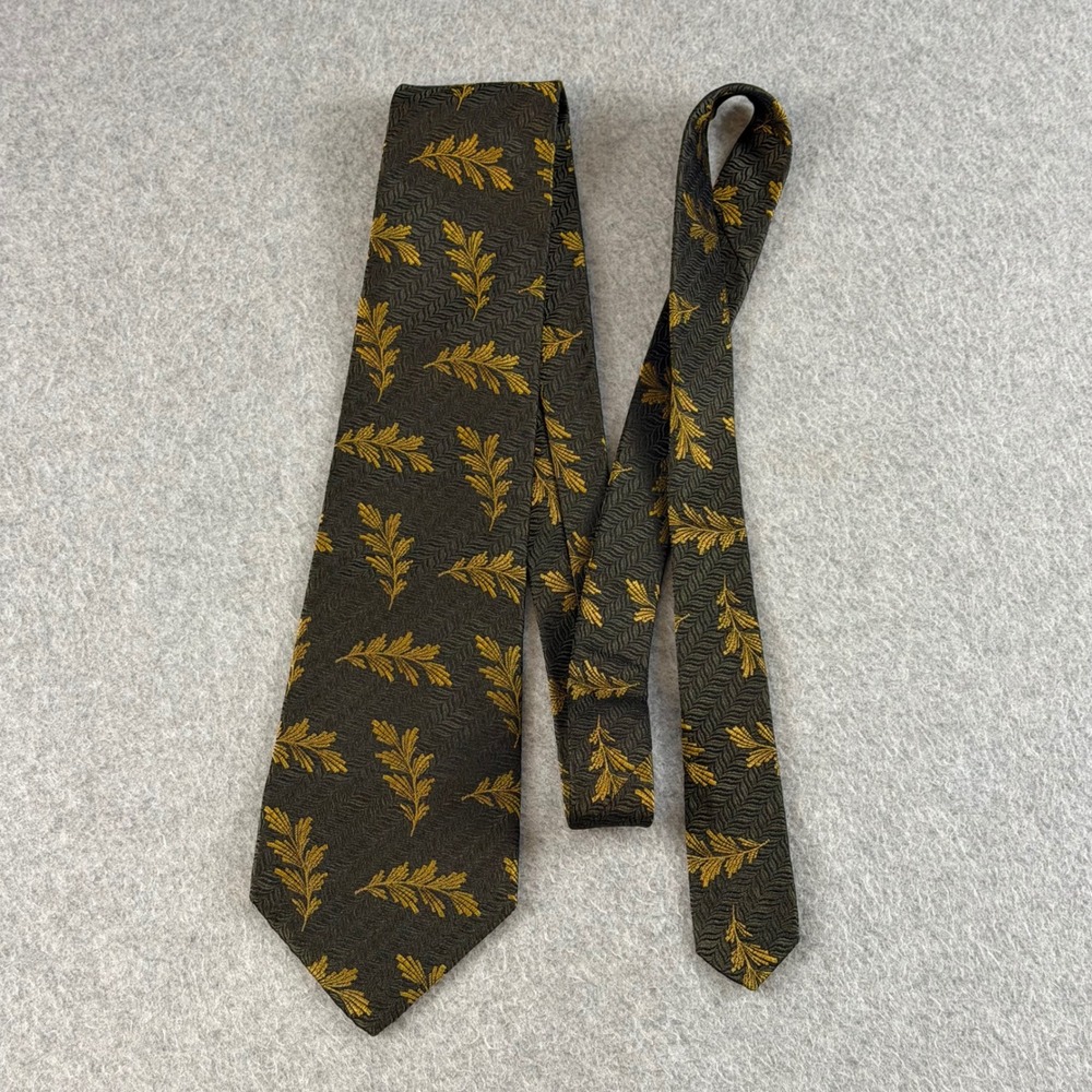 VTG Audrey Buckner Silk Tie Black Gold Leaf Floral Jacquard Hand Tailored 58x3.6